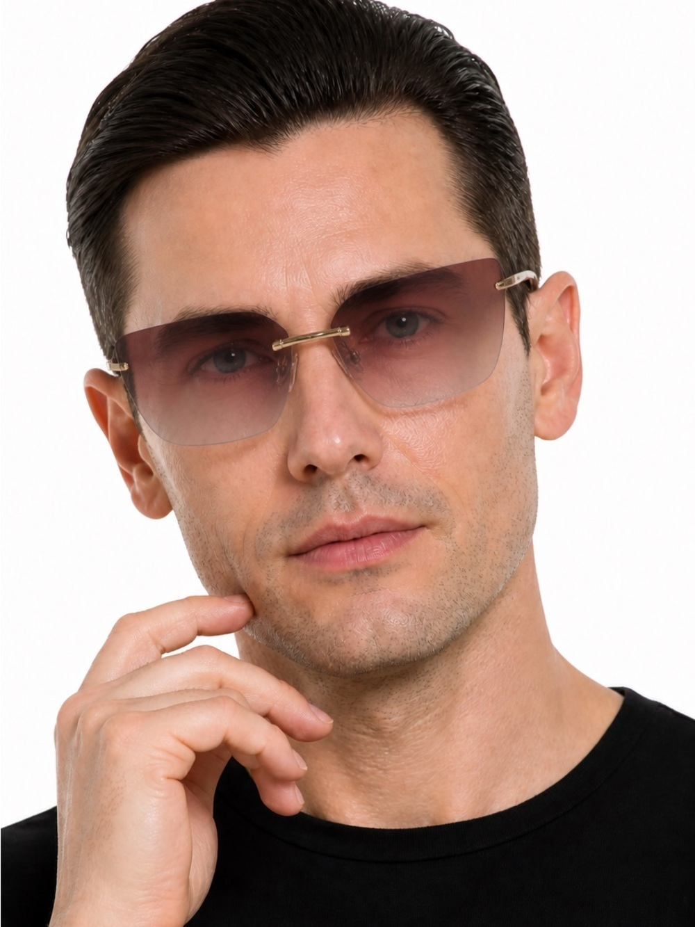 Men's Rimless Gradient Sunglasses - Gold Frame, Brown Lenses